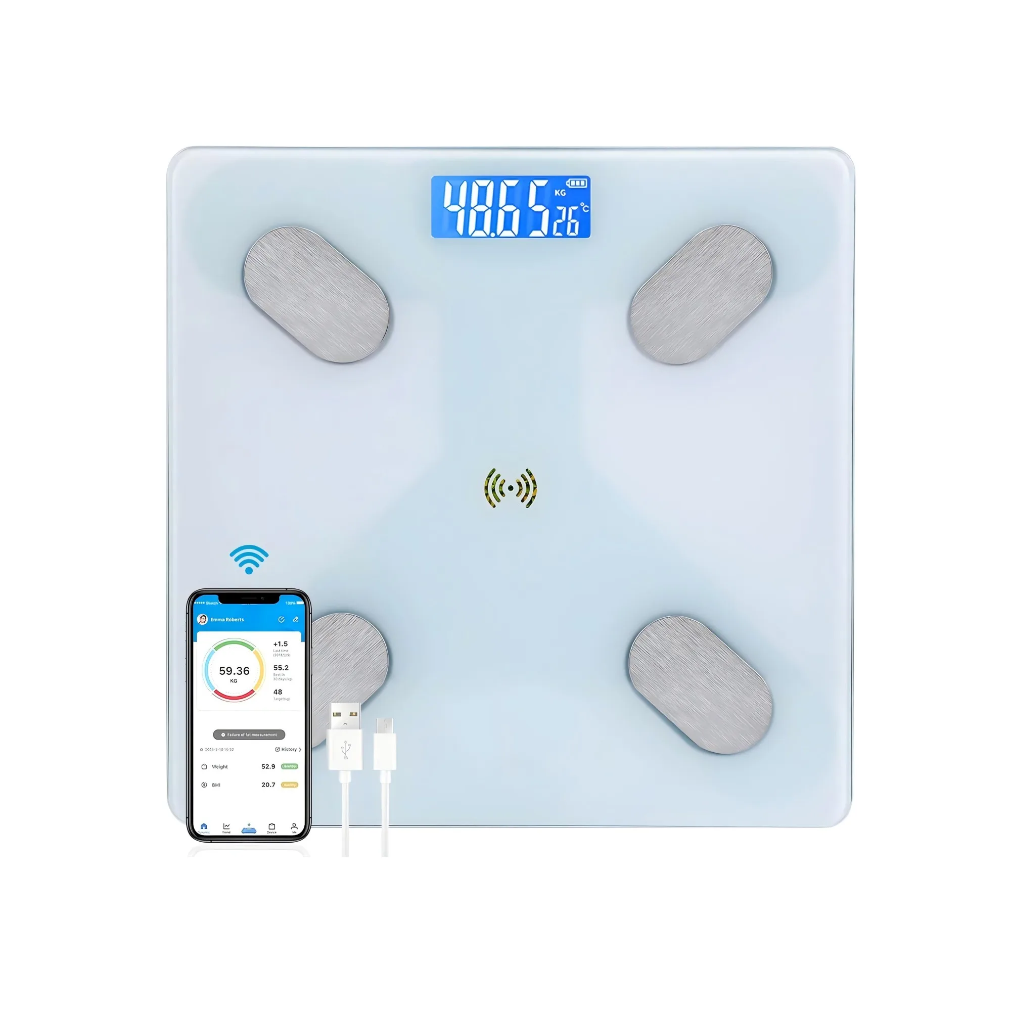 Multifunctional Smart Body Fat Scale, Smart Electronic Led Digital Weight Bathroom Scale With Smartphone App,26*26*2.3CM,White