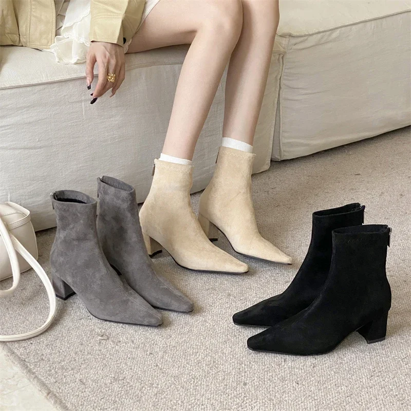 

Aneikeh Concise Low Heel Ankle Boots Fashion Short Boots Pointed Toe Zipper Women Thick Heels Banquet Spring Autumn Ladies Shoes