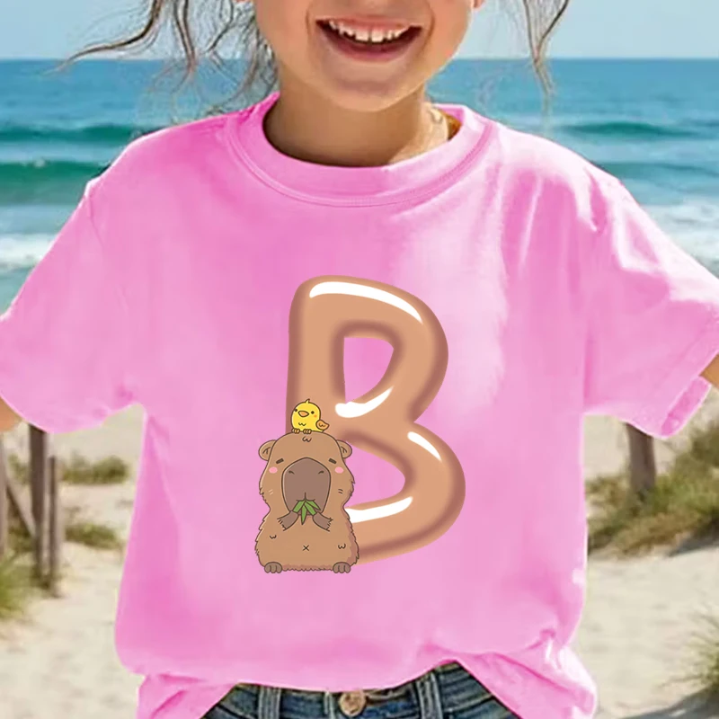 Capybara Kawaii Cartoon Shirt for Children Letters A B C D Animal Design T-Shirts Casual Capybara 26 Alphabet Birthday Gift Tops