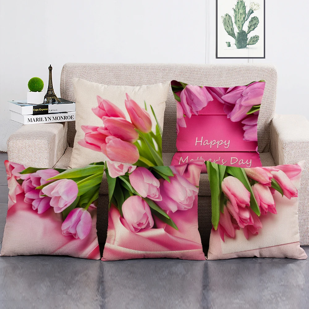 

Romantic Pink Tulip Floral Cushion Cover for Valentine's Day Decorative Pillow Case for Sofa Car Chair or Hotel Home Decor