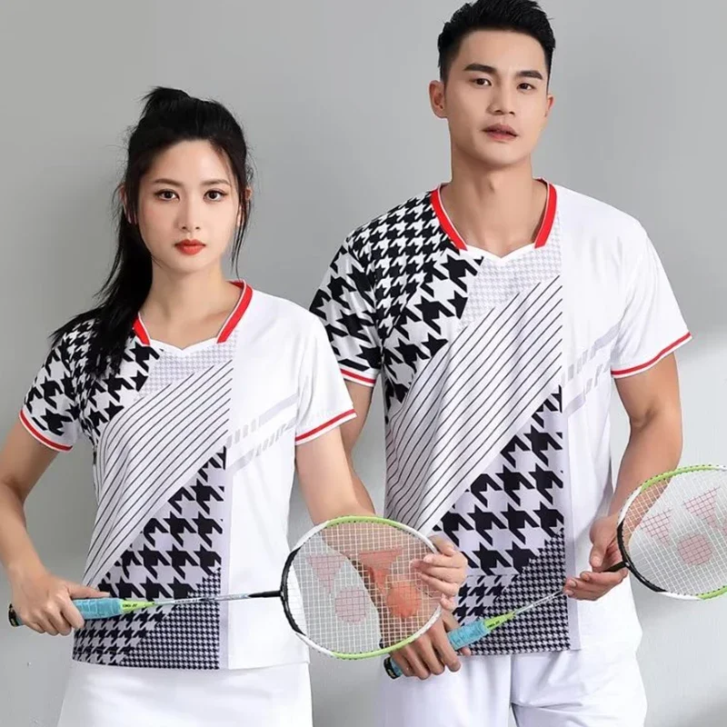 Badminton T-shirt for Men Women 2024 Stripe Print Quick Dry Volleyball Table Tennis Jersey Tops Couple Tennis Ping Pong Uniforms