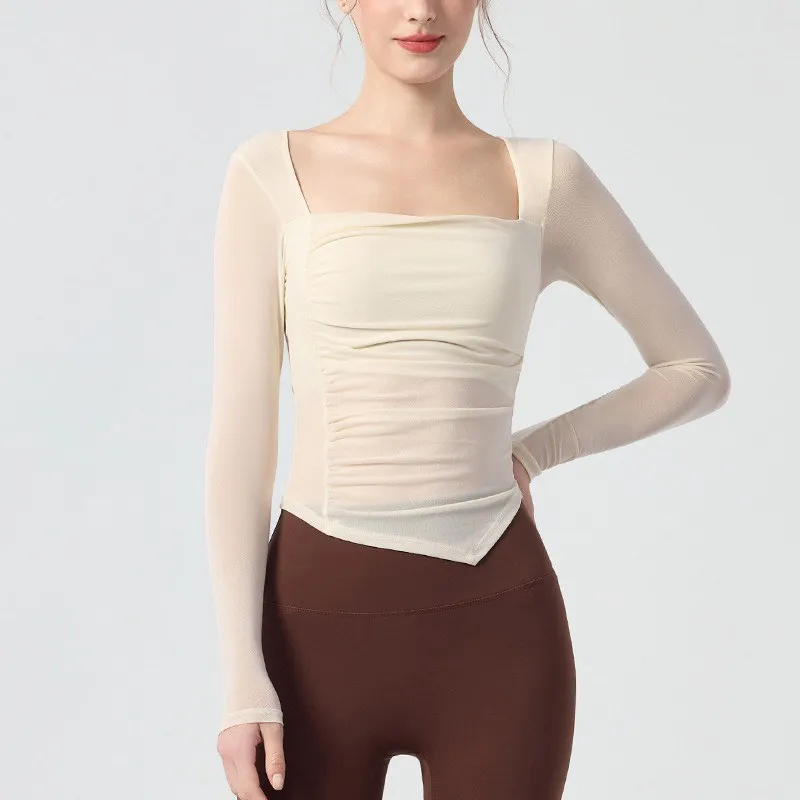 Square Neck Polka Dot Retro T-shirt Long Sleeve Shirts Gym Women's Irregular Hem Waistband Chest Pad Yoga Fitness Pilates Top