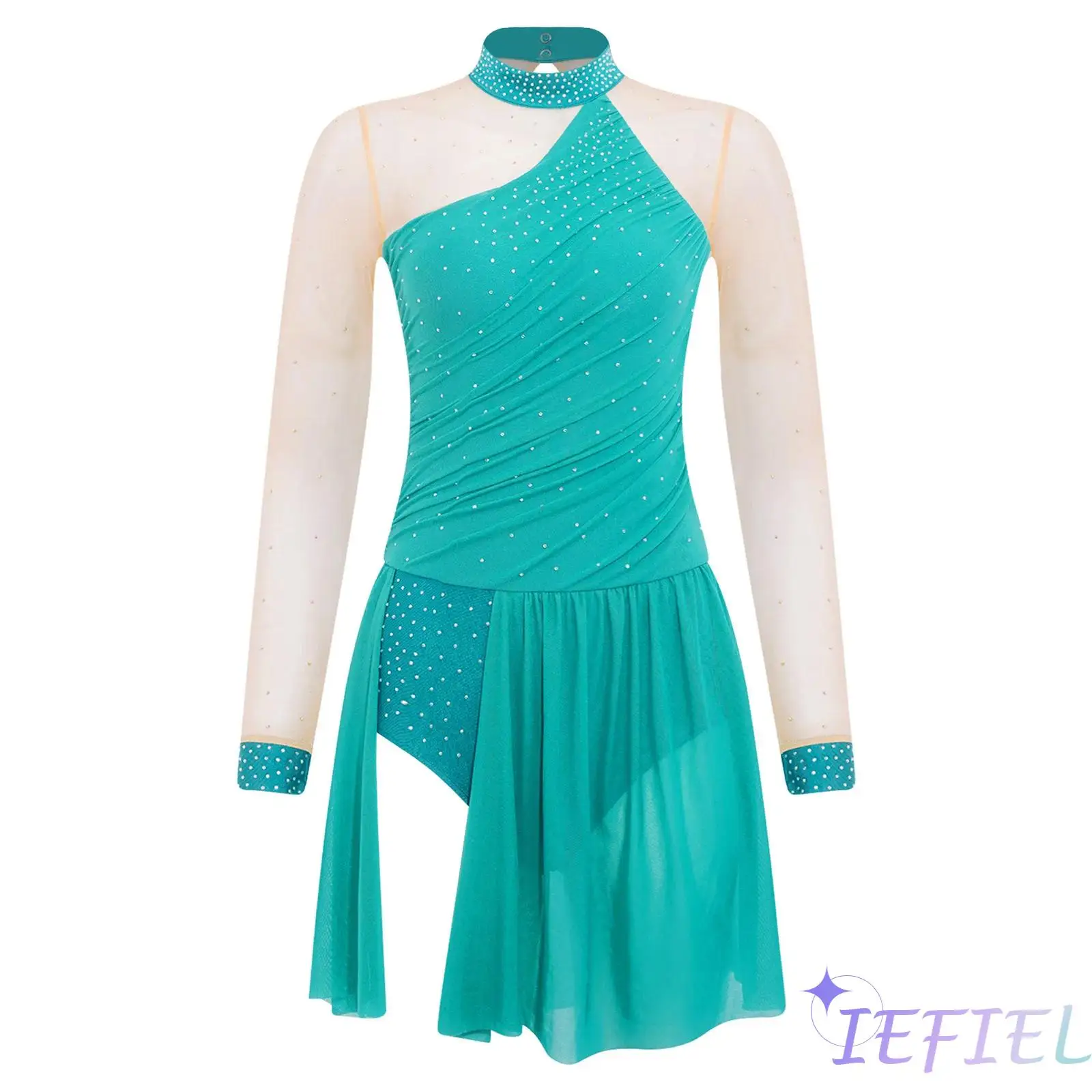 

Womens Lyrical Dance Bodysuit Dress Elegant Female Latin Leotard Rhinestones Long Sleeve Irregular Hem Breathable Mesh Jumpsuit