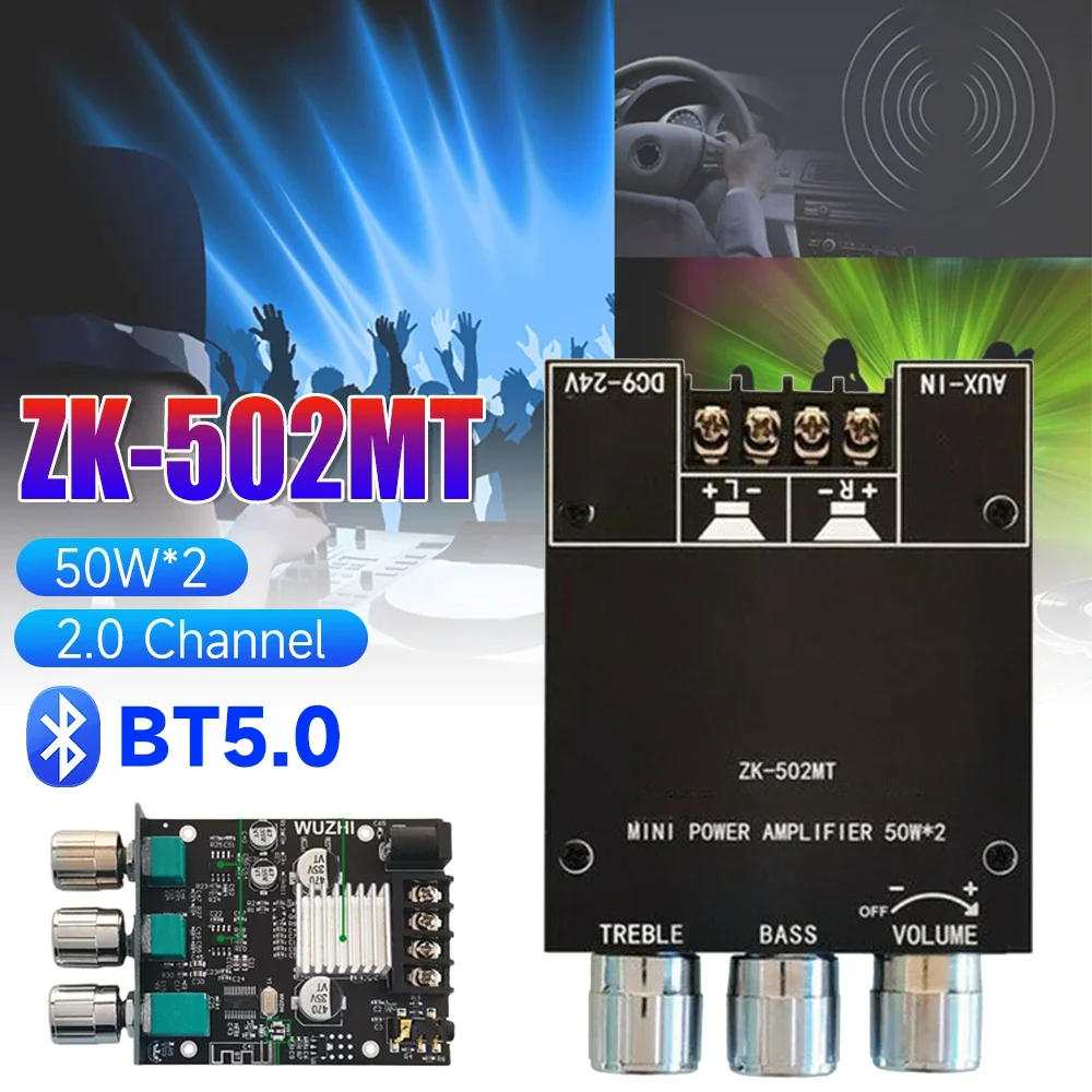 ZK-502MT 2x50W 2.0-kanałowy cyfrowy wzmacniacz mocy AUX Audio Stereo Subwoofer Kompatybilny z Bluetooth Moduł wzmacniacza basowego