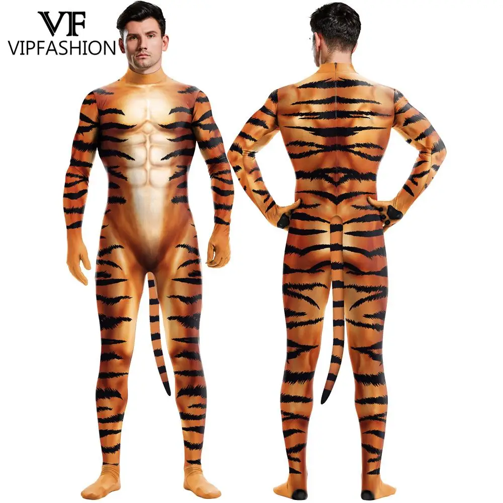 Halloween Costume For Men 3D Leopard Print Funny Pet Animal Suits Adult Cosplay Costume Full Bodysuit Zentai Jumpsuit With Tail