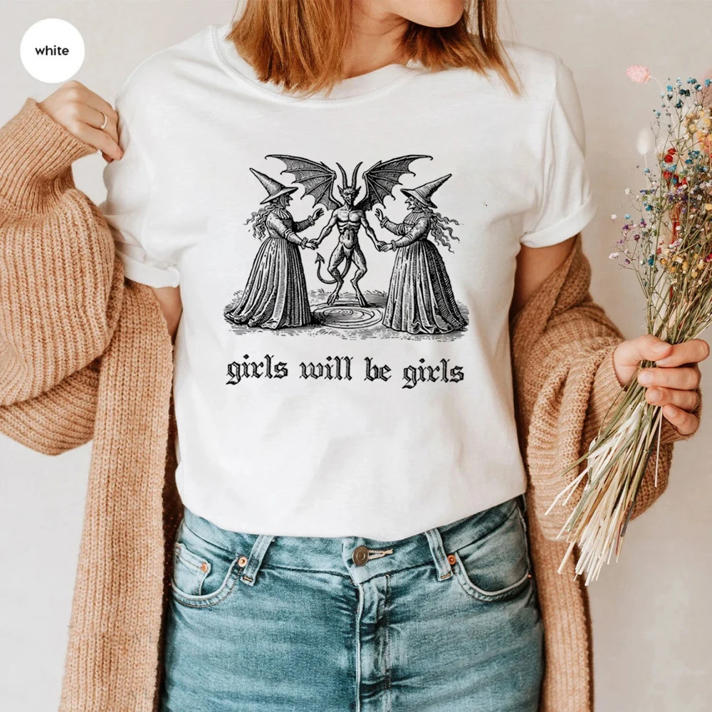 Girls Will Be Girls Witch Shirt Vintage Halloween T-Shirt Funny Feminist Tee Ironic Shirts Aesthetic Tshirt Spooky Witchy Tops