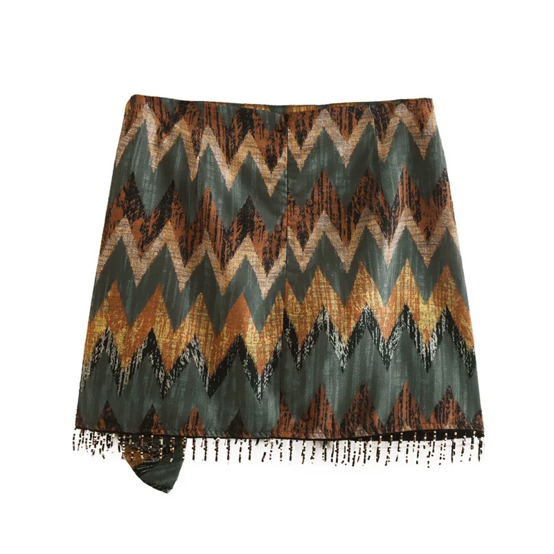 Women Vintage Geometric Print Knotted Mini Sarong Skirt Faldas Mujer Female Beading Tassel Casual Zipper Vestidos