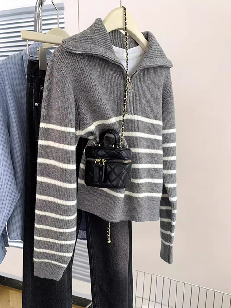 Korean Fashion Striped Half Zipper Lapel Sweater Women Harajuku Retro Tops Autumn Winter Loose Casual Knitted Pullovers