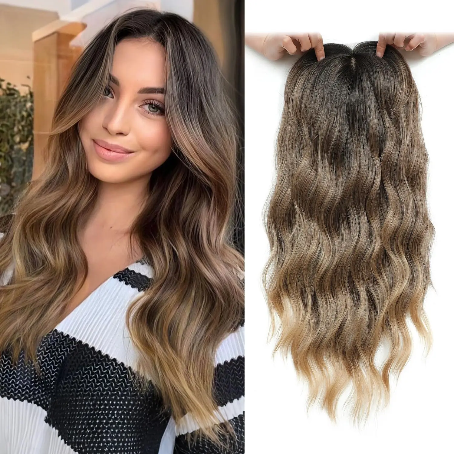 LM 24Inch Synthetic Middle Part Topper Hairpiece with Bangs Clip Bangs Extension Natural Invisible Clourse Hairpiece for Women