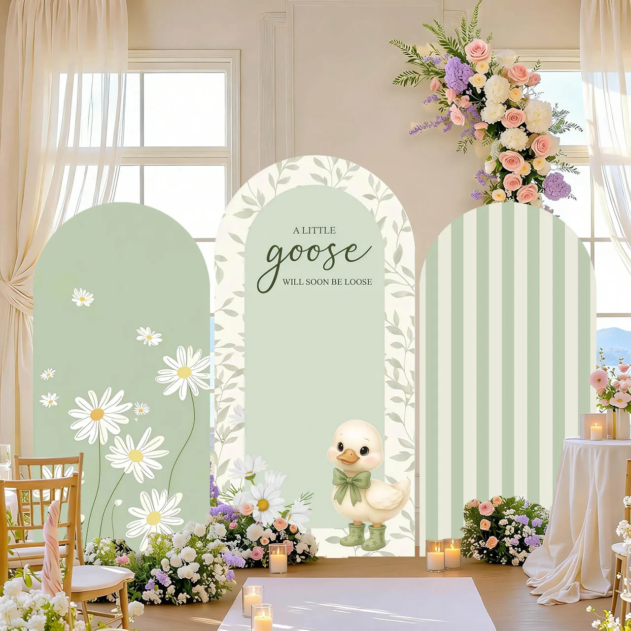 Mehofond Custom Sage Green Little Goose Daisy Floral & Striped Kids 1st Birthday Party Baby Shower Cover Arch Decor Backdrop