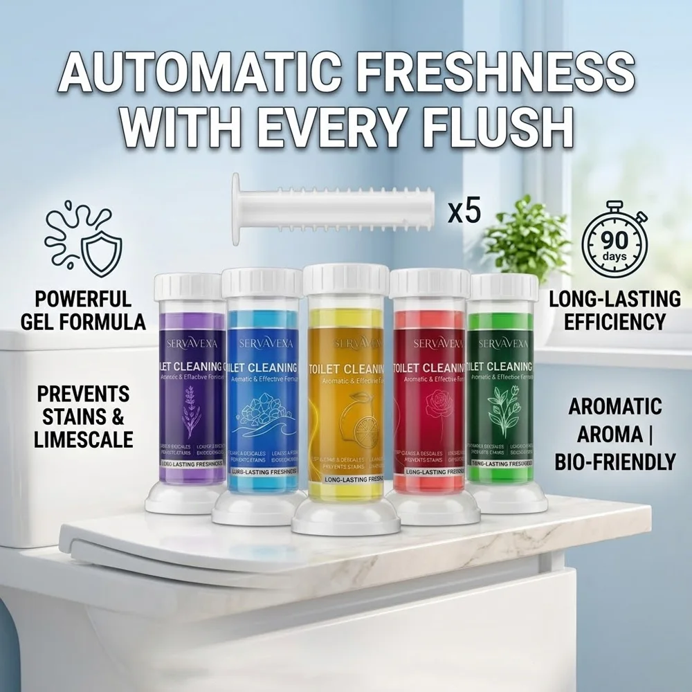 SERVAVEXA 5 unidades de gel limpiador de inodoros en estampado, desodorante aromático, limpiador de inodoros con aroma floral, herramientas automáticas de larga duración para descalcificar el baño