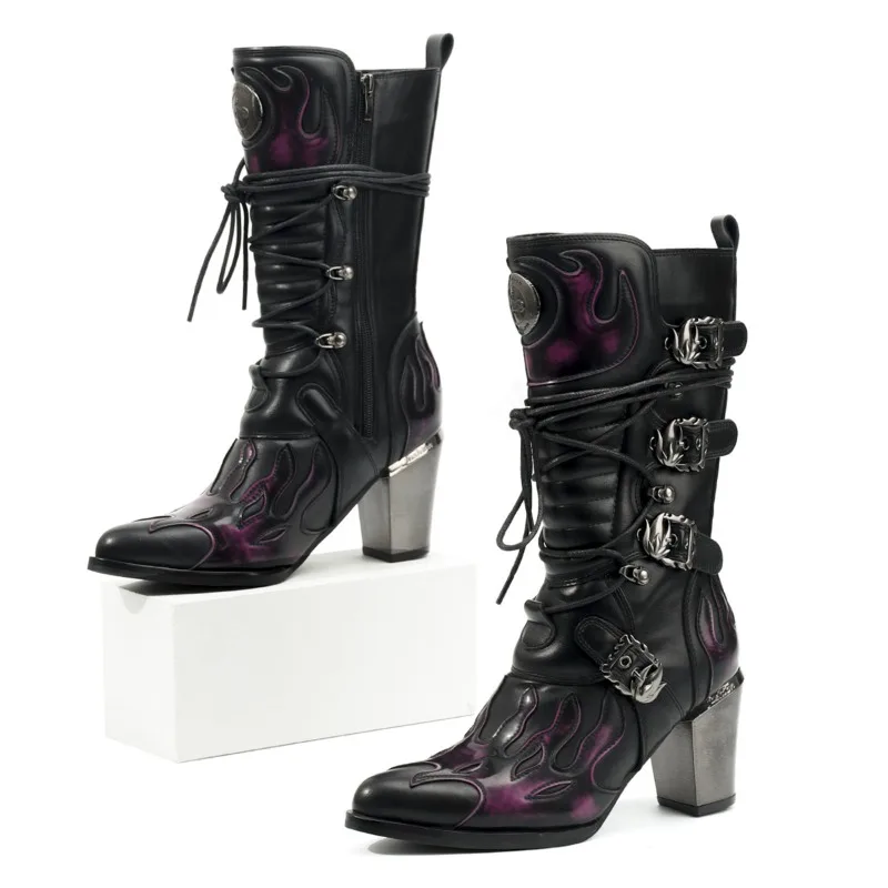 Women Boots Vintage Belt Buckle Western Cowboy Boots Side Zipper Mid-calf Boot Thick High Heel Women Knight Boots Botas Feminina