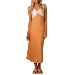 Vestido sin mangas de satén para mujer, chaleco de verano sólido/contrastante con cuello en V, vestido de fiesta Sexy, adecuado para Club, ropa de calle