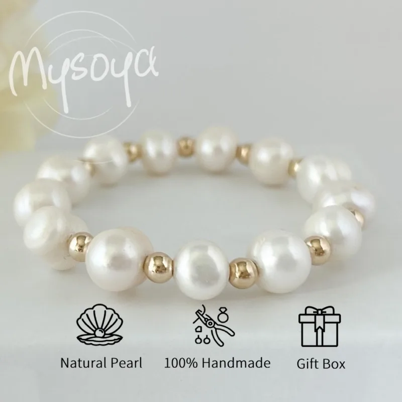 

MYSOYA White Freshwater Pearl Bracelet 8-9mm With Gift Box For Her/Him Birthday/Wedding/Christmas/New Year Gift