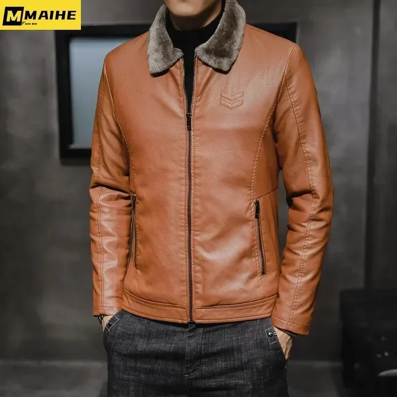 Brand Leather Jacket Men\'s Winter Motorcycle Clothes Leanther Jacket Men\'s Thickened Fur Collar Windproof Pu Leather Coat Male