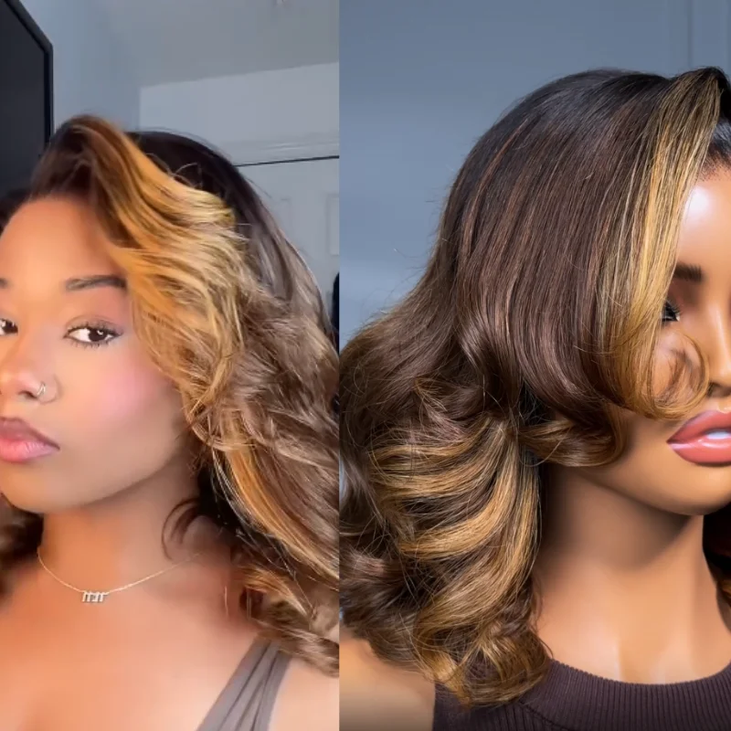 Klaiyi Hair Brown Blonde Highlights Wavy Bob Wig With Face-Framing Layers Side Part 7x5 Lace Glueless Human Hair Wigs
