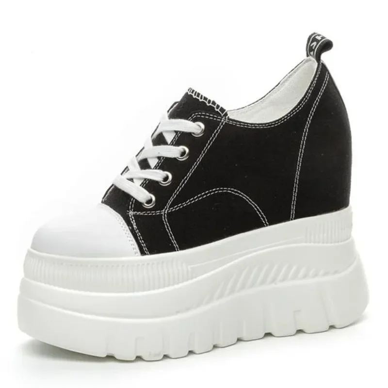 

High quality 12CM Denim Women Breathable Platform Hidden Heels Shoes Genuine Leather Chimney New Fashion Spring Chunky Sneaker