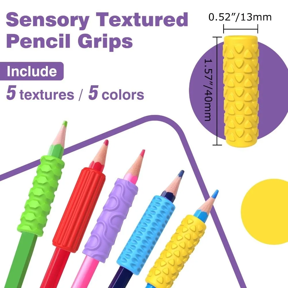 5PCS Ergonomic Writing Aid Pen Grips Textured Surface Soft Silicone Stress Reducing Pen Sleeve Reusable Handwriting Tool ADHD