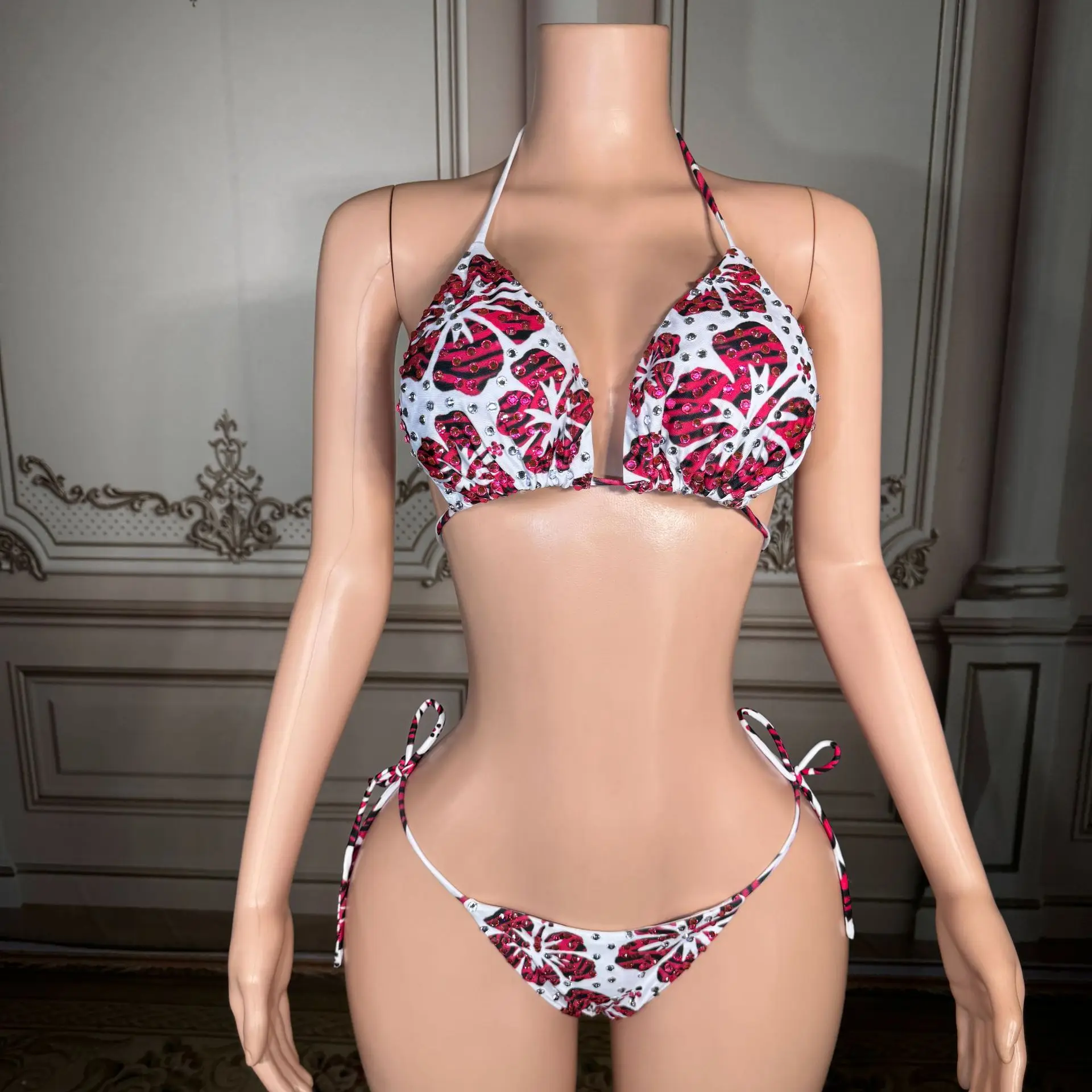 New Arrival Pink Rhinestone Printed Chiffon Durable Drawstring Backless Sexy Three-Piece Strappy Split Swimsuit High Bikini