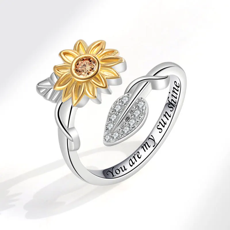 Sunflower Engraving Spinning Anxiety Ring for Women with Copper Inlaid Rhinestone Anti-Stress Fidget Spinner Ring anillos