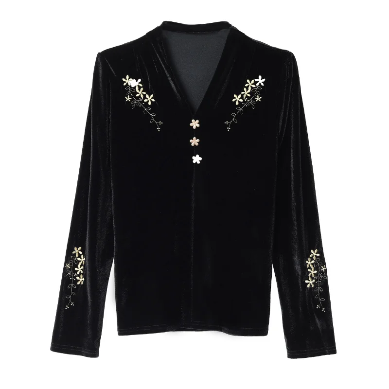 Otoño/Invierno camisa de terciopelo grueso negro blusa de mujer elegante cuello en V manga larga Top bordado de flores blusas básicas