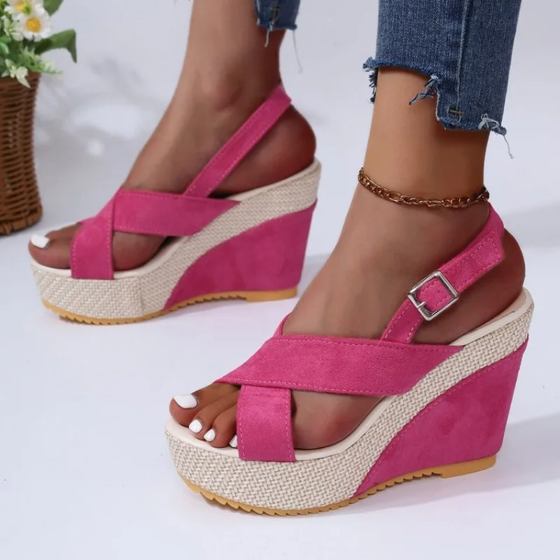 Pink Sandals Women Summer 2024 Platform HighHeels Sandals Summer Shoes Women Wedges Denim Cross Buckle Beach Sandalias Mujer