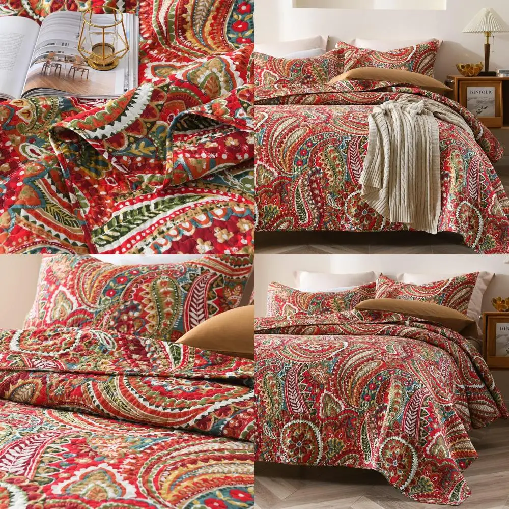 

Queen Size Reversible Floral Paisley Cotton Bedspread Comforter Set in Red