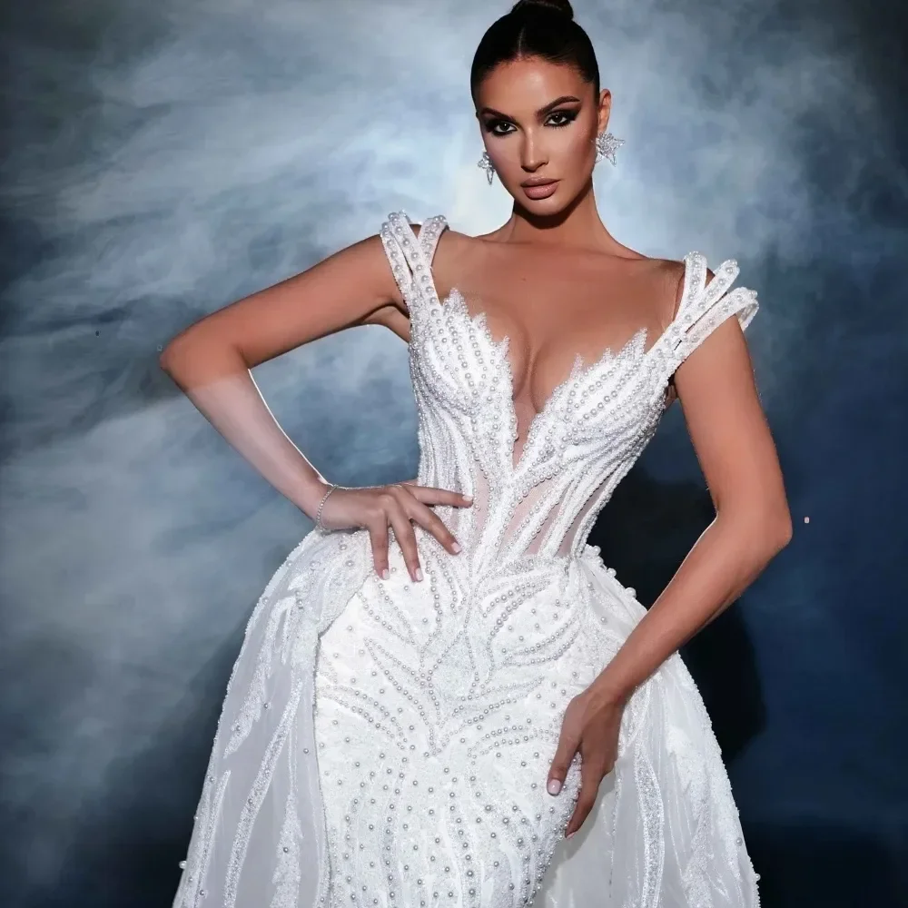 Customized Off the Shoulder  Shinny Fully Pearls Beads  Wedding Dress For Bride Robe De Mariée Detachable Train Bridal Gown
