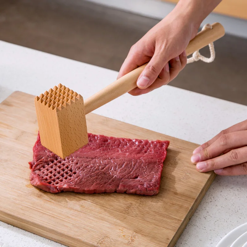 Creative Solid Wood Meat Hammer Double-sided Modern Simple Household Beech Steak Tender Meat Hammer Log Kitchenware with Handle