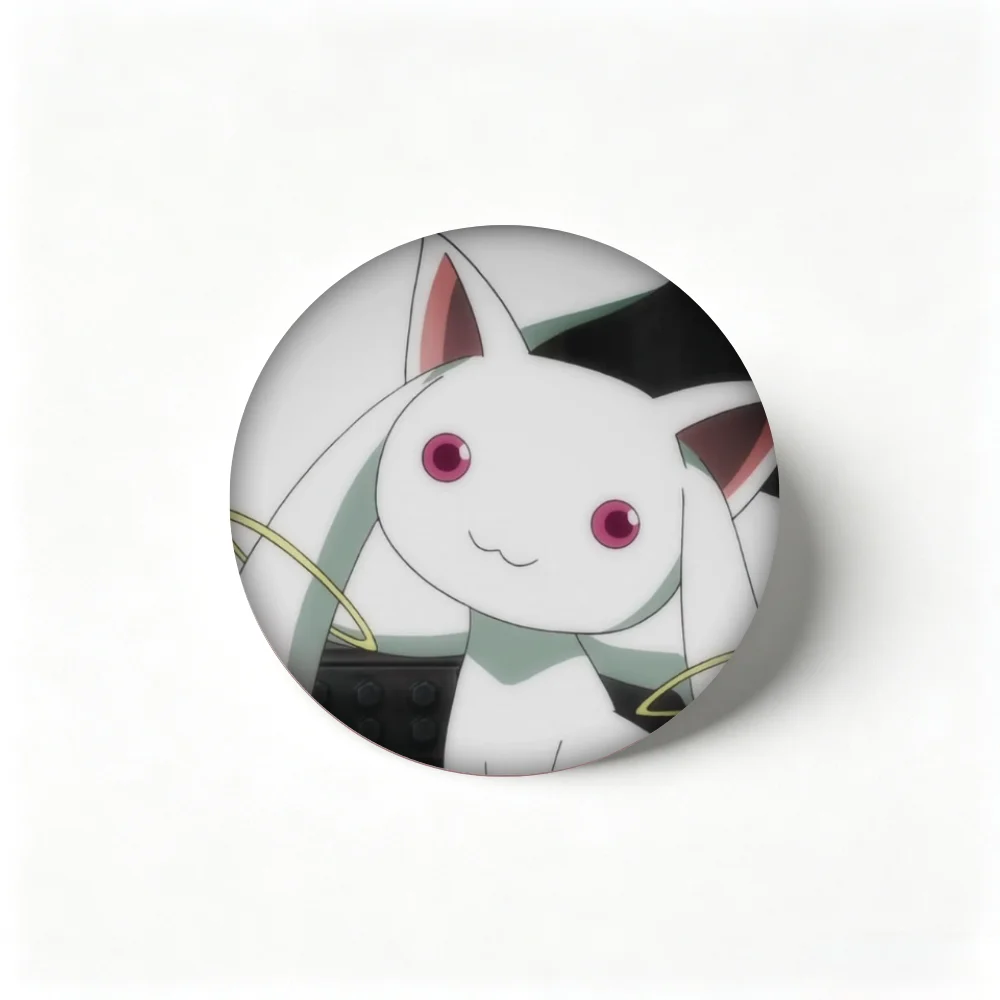 Cartoon Badge Puella Magi Madoka Magica Kyubey Anime Pin, Tinplate Round Brooch, Great for Anime Fan Collection & Bag Accessory