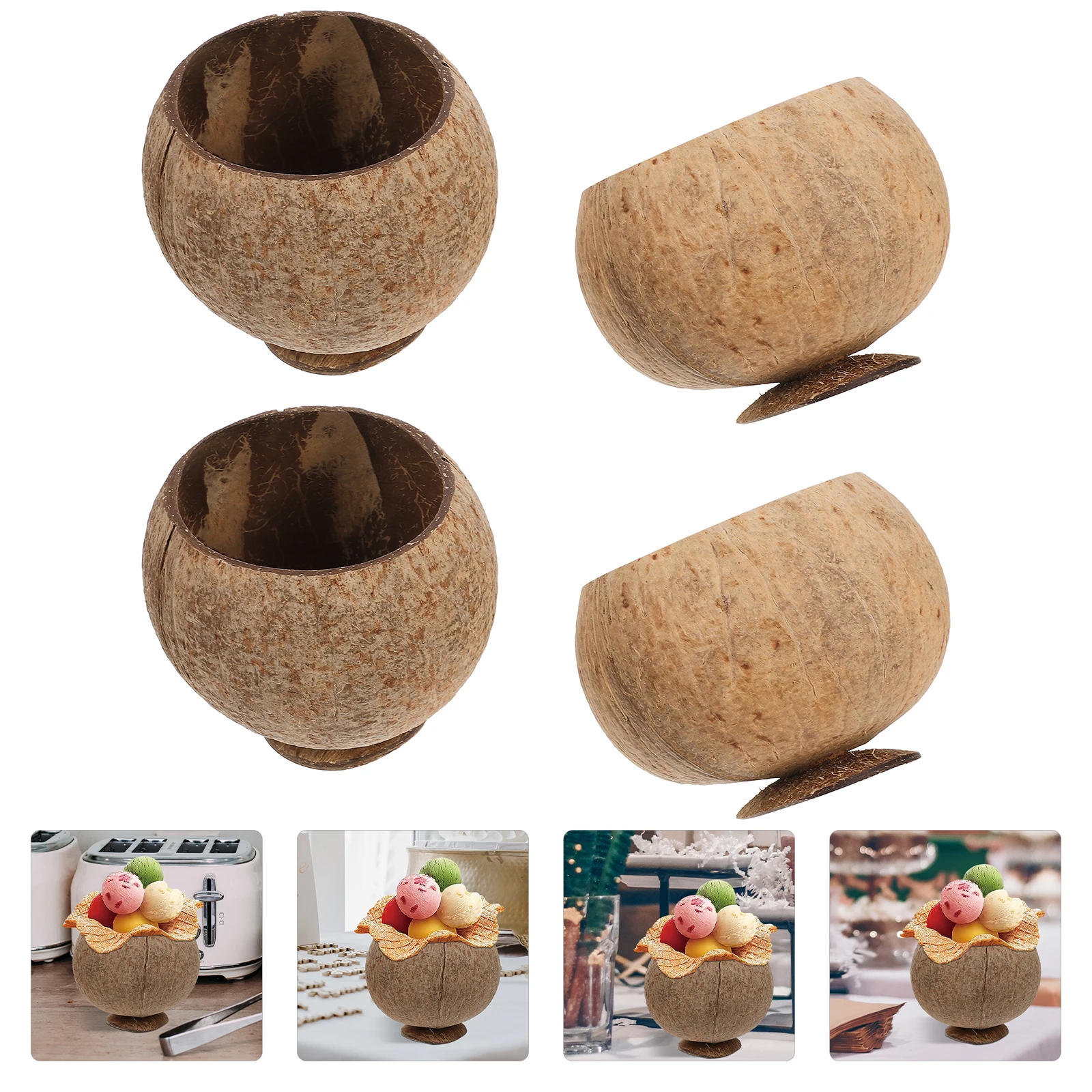 

4pcs Coconut Shell Bowls Cups Natural Coconuts Beach Party Supplies Luau Hawaiian Decorative Dessert Beverage Water Coffee
