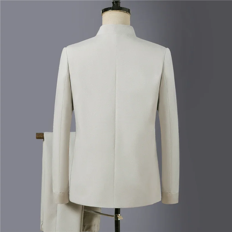 2 Pcs Set Suit Coat Pants / 2023 Fashion Men\'s Casual Boutique Chinese Style Linen Stand Collar Letter Embroidery Suit Trousers