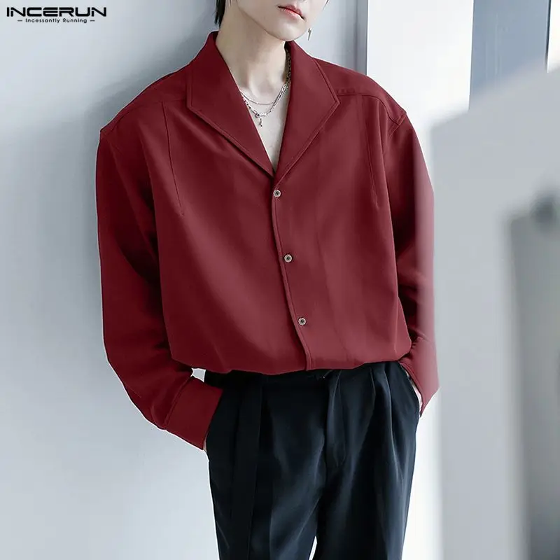 

INCERUN Men Shirt Solid Color Lapel Long Sleeve Button Loose Casual Men Clothing Streetwear Fashion Leisure Male Shirts Tops