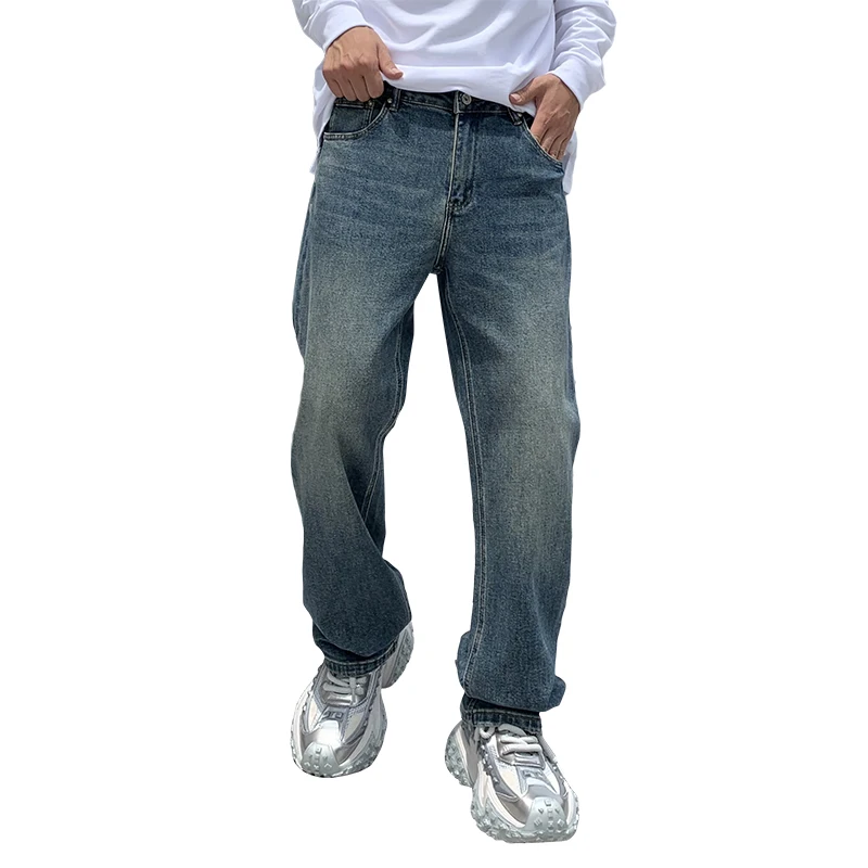 

New retro blue jeans MEN'S straight leg loose high street vibe trendy elastic pants