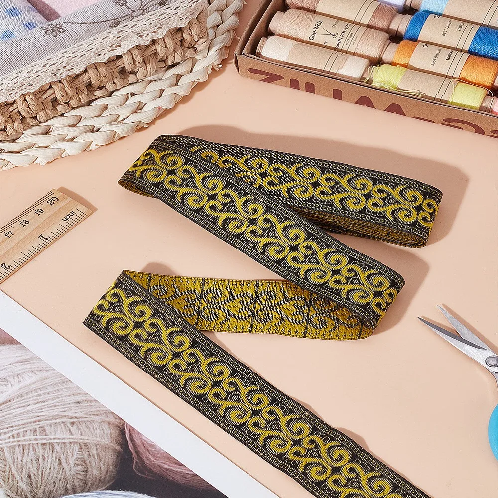 3.5M Ethnic Style Polyester Ribbon for Clothing Accessories Floral Pattern Yellow 1-1/4 inch(33mm)