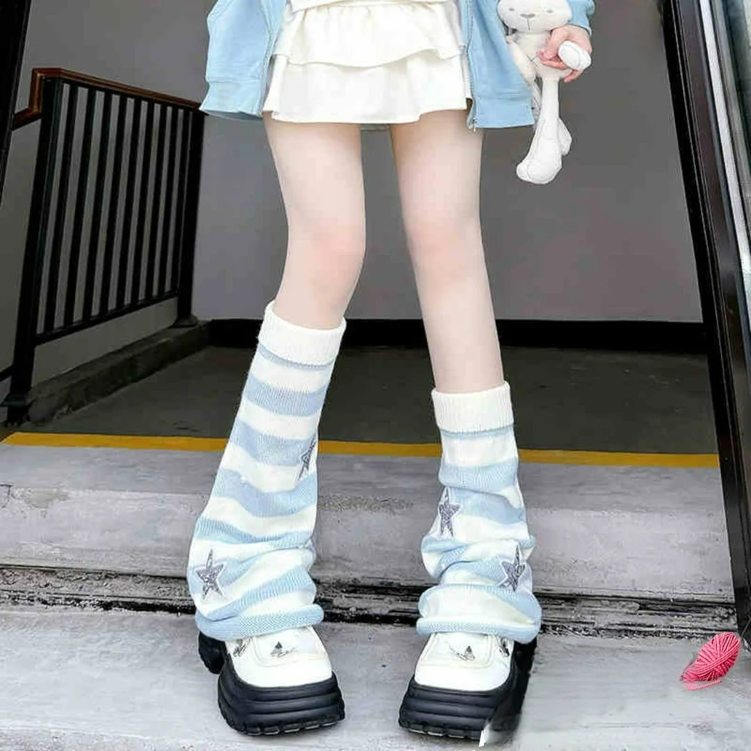 

Aesthetic Subculture: Light Blue & White Striped Wide-Leg Fishnet Socks with Lace Trim, Star Pattern Bell-Bottom Leg Warmers