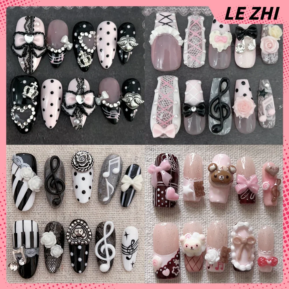 

Y2K Cartoon Rilakkuma Long Coffin Stiletto Handmade Wearable Press On Nails Polka Point Bowknot Musical Notes Nail Party Sticker