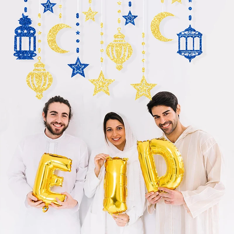 Eid Mubarak Swirl Banner Star Moon Ceiling Hanging Ornament Ramadan Kareem Decoration For Home 2024 Islam Muslim Party Supplies