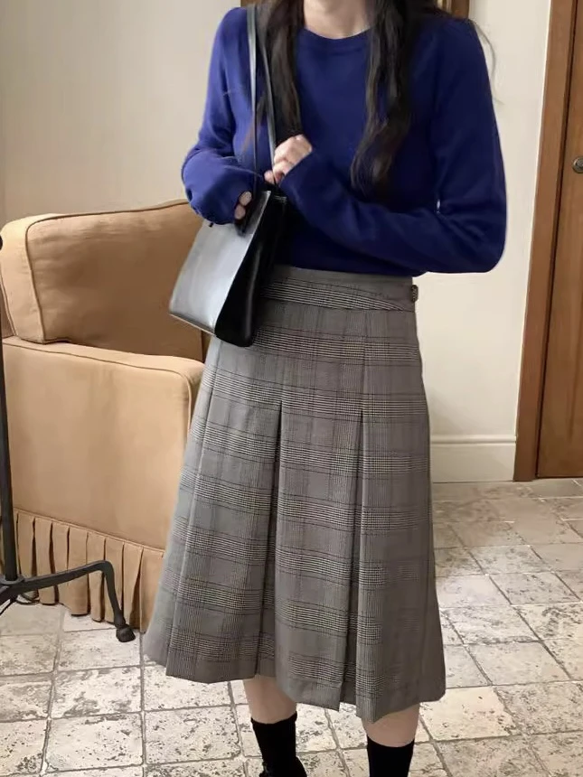 

Korean Sle Mid-Length Woolen Plaid Pleated Skirt Adjustable Waist High Waist Busin Wear Stand Fit Autumn Season