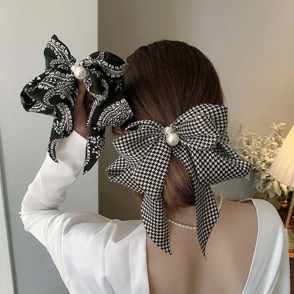 Retro Girls Plaid Pearl Pattern Women Spring Clip Bow Hair Clip Houndstooth Hair Accessories