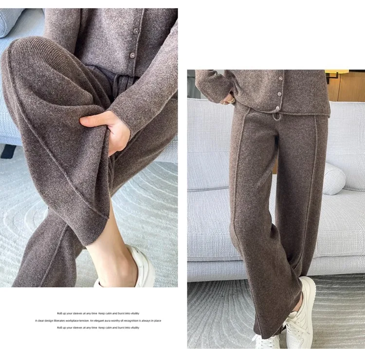 2024 High-end Cashmere Temperament Wide-leg Pants Women's High Waist 100 Pure Wool Pants Loose Casual Straight Outer Trousers