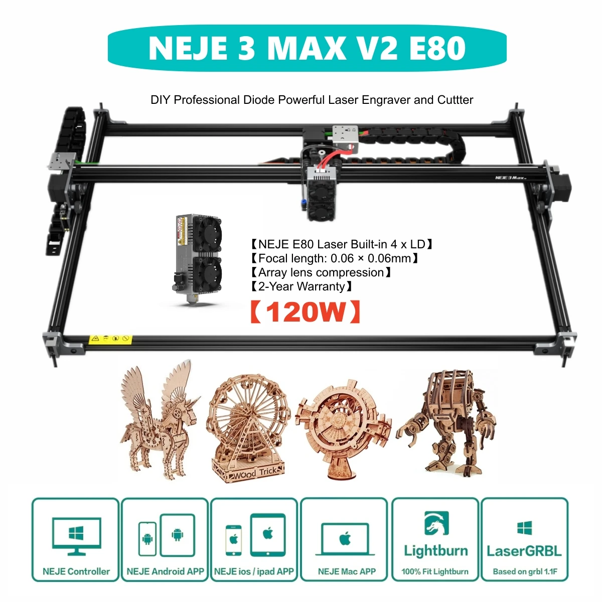 NEJE 3 Max V2 E40/E80 80W/120W Professional CNC Laser Engraver Stainless Steel Cutter Metal Engraving Plotter Wood Cutting Tools