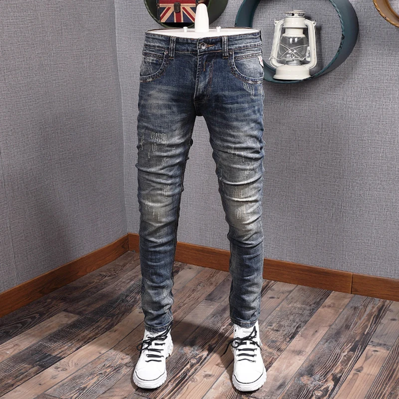 Italian designer street fashion men's jeans embroidered elastic slim fit washed nostalgic jeans retro blue pants