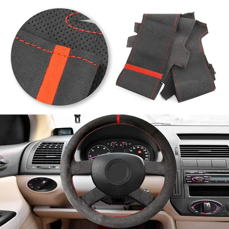 Hand Sewing Car Steering Wheel Cover Suede Leather Trim For VW Golf 5 V Touran 2003-2005 Polo 2003-2006 (4-Spoke) w/Threads Kits