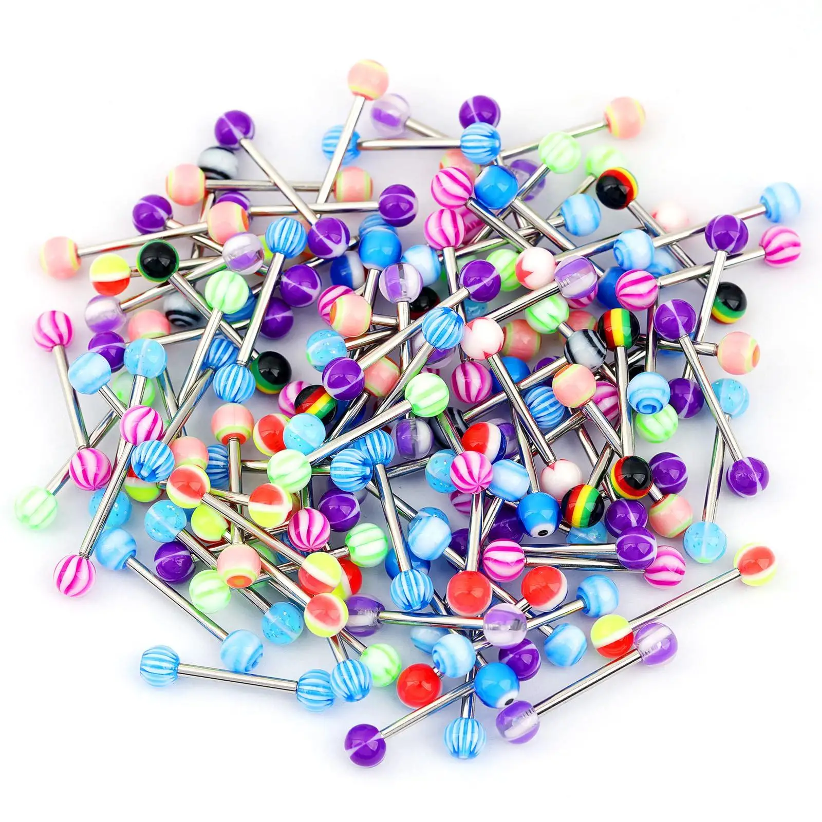 100-Piece 14G Tongue Rings Surgical Steel 16mm Bars 6mm Acrylic Balls screw-on acrylic balls mixed-color tongue piercing jewelry