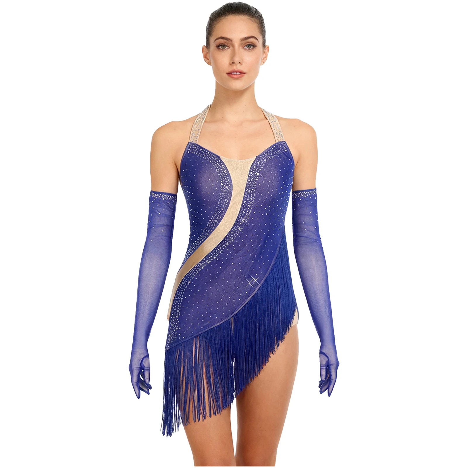 Schillernder Damen-Body für lateinamerikanischen Tanz, Kristallquasten und rückenfreies Salsa-Tango-Trikot mit Handschuhen für Ballsaalveranstaltungen