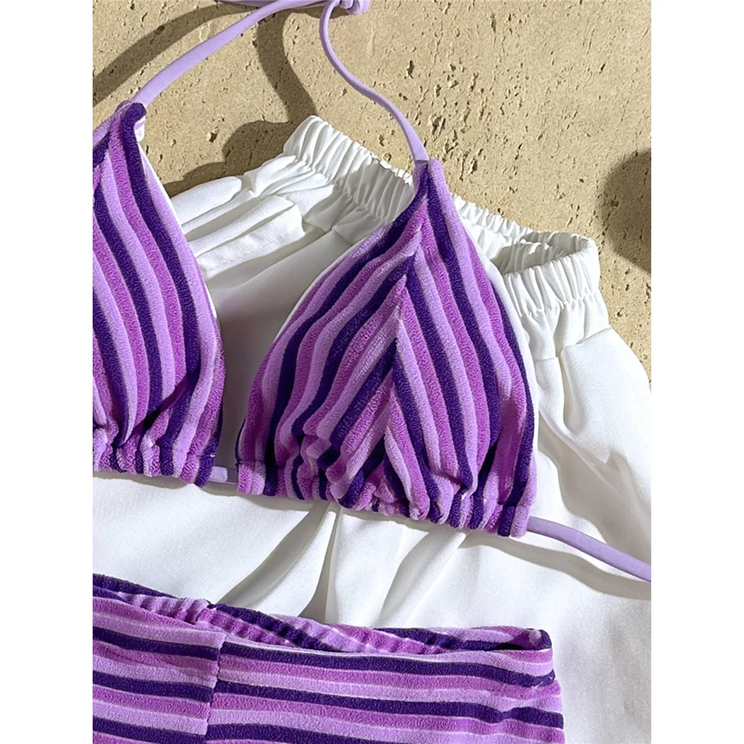 Neuer gestreifter Neckholder-Bikini mit hoher Taille, Damen-Badeanzug, zweiteiliges Bikini-Set mit Shorts, Badebekleidung, Badeanzug, Schwimmanzug V7825 – Detail 37