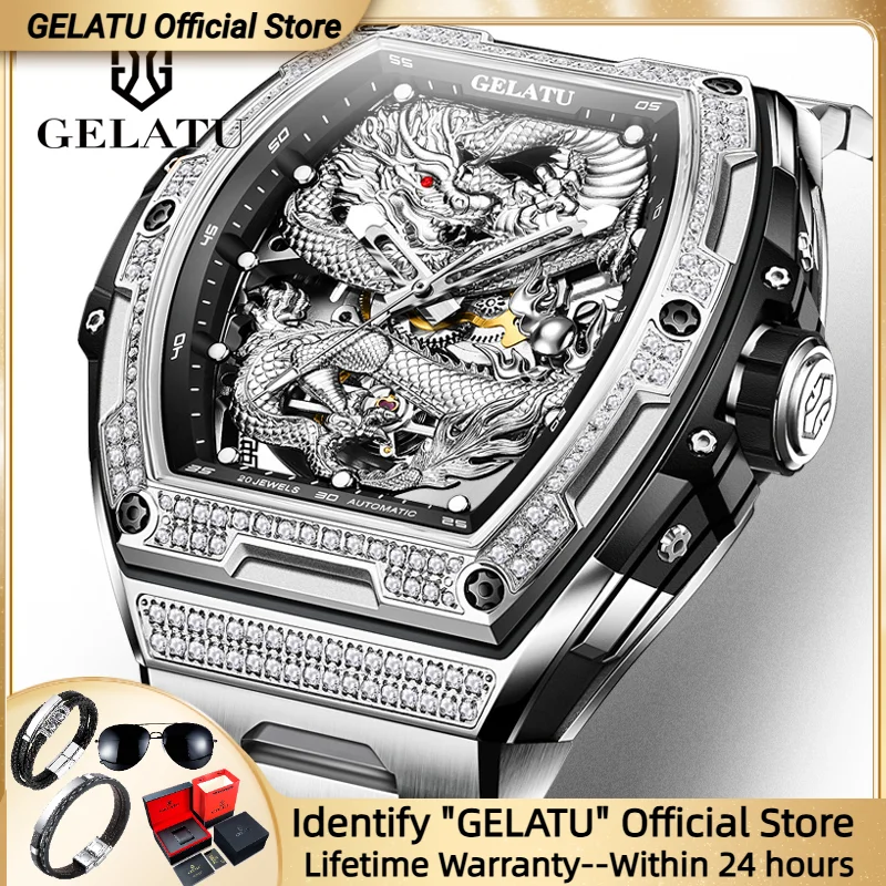 

GELATU 6021 Men Watch Skeleton Dragon All Diamond Dial TOP Brand Wristwatch Men's Automatic Mechanical Watch Luxury Watches