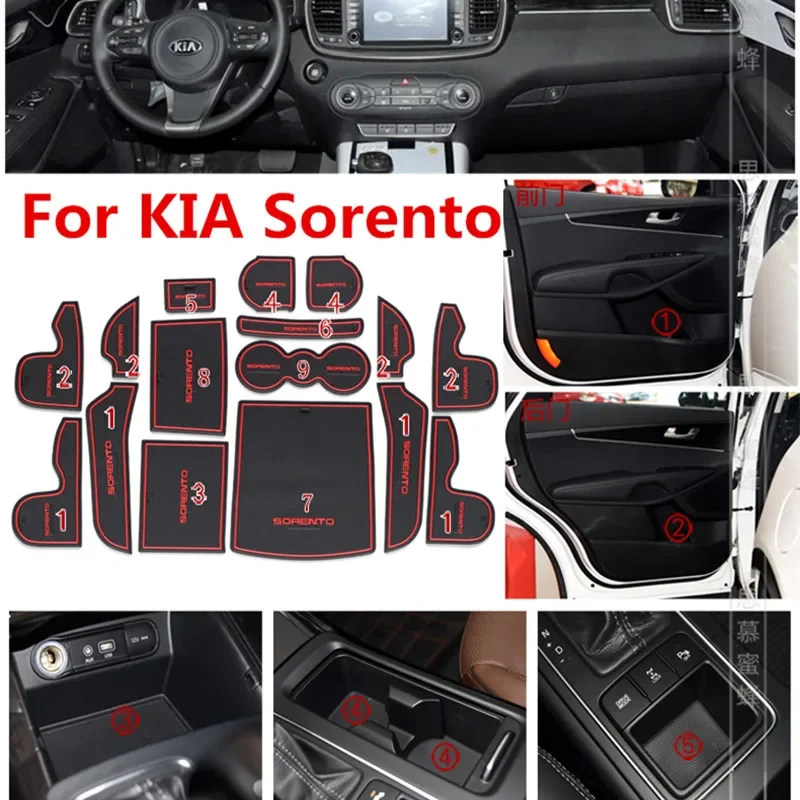 3D Rubber Mat Door Slot Pad Cup Cushion Groove Mat Lnterior Anti Slip Mat For KIA Sorento 2015-2019 Sorento Prime UM MK3 Stickes