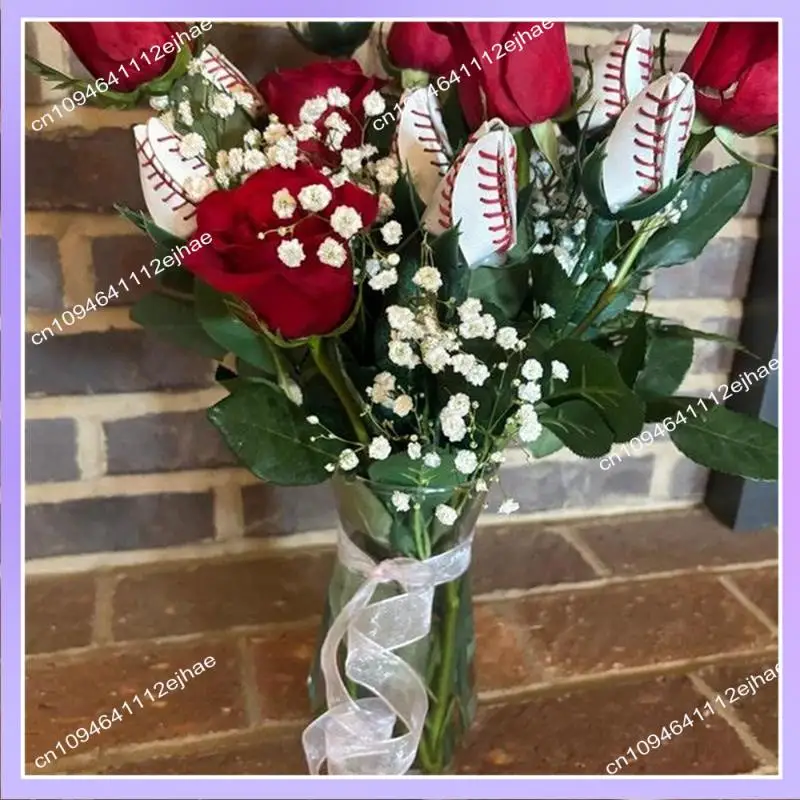 N83R 소프트볼 로즈 스포츠 가죽 로즈 소프트볼 엄마 팬 팀 졸업을위한 수제 인공 소프트볼 꽃 선물